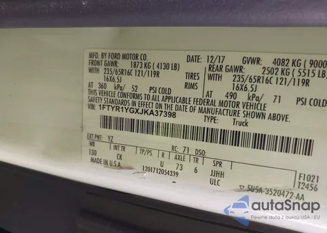 2018 Ford Transit T-250 z USA, uszkodzony, nr VIN 1FTYR1YGXJKA37398